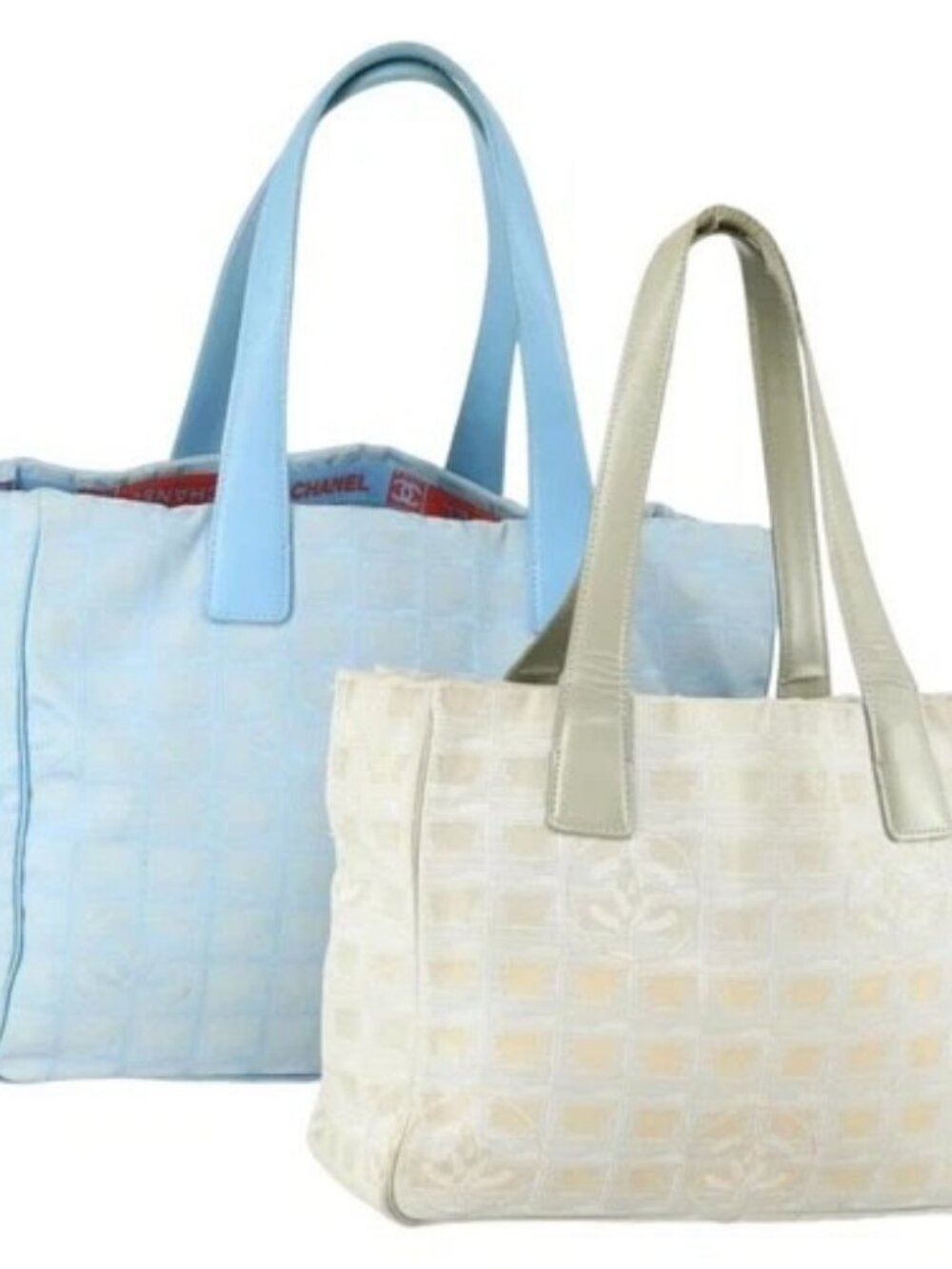 CHANEL New Travel line Tote Bag Nylon 2 Set Blue Beige CC Auth BA8965
